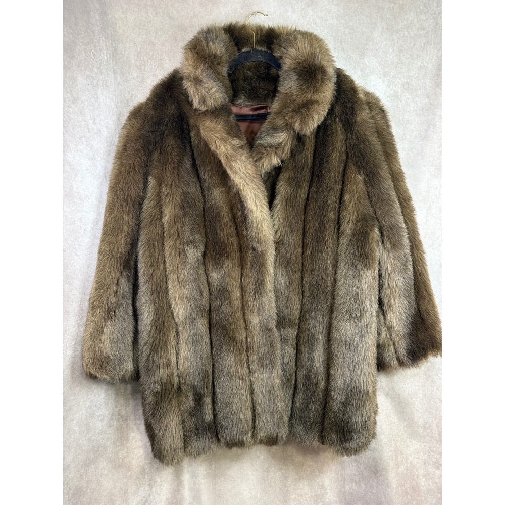 VTG Faux Mink Fur Coat Women XL Brown Shawl Collar Mid Length Made in USA MOB